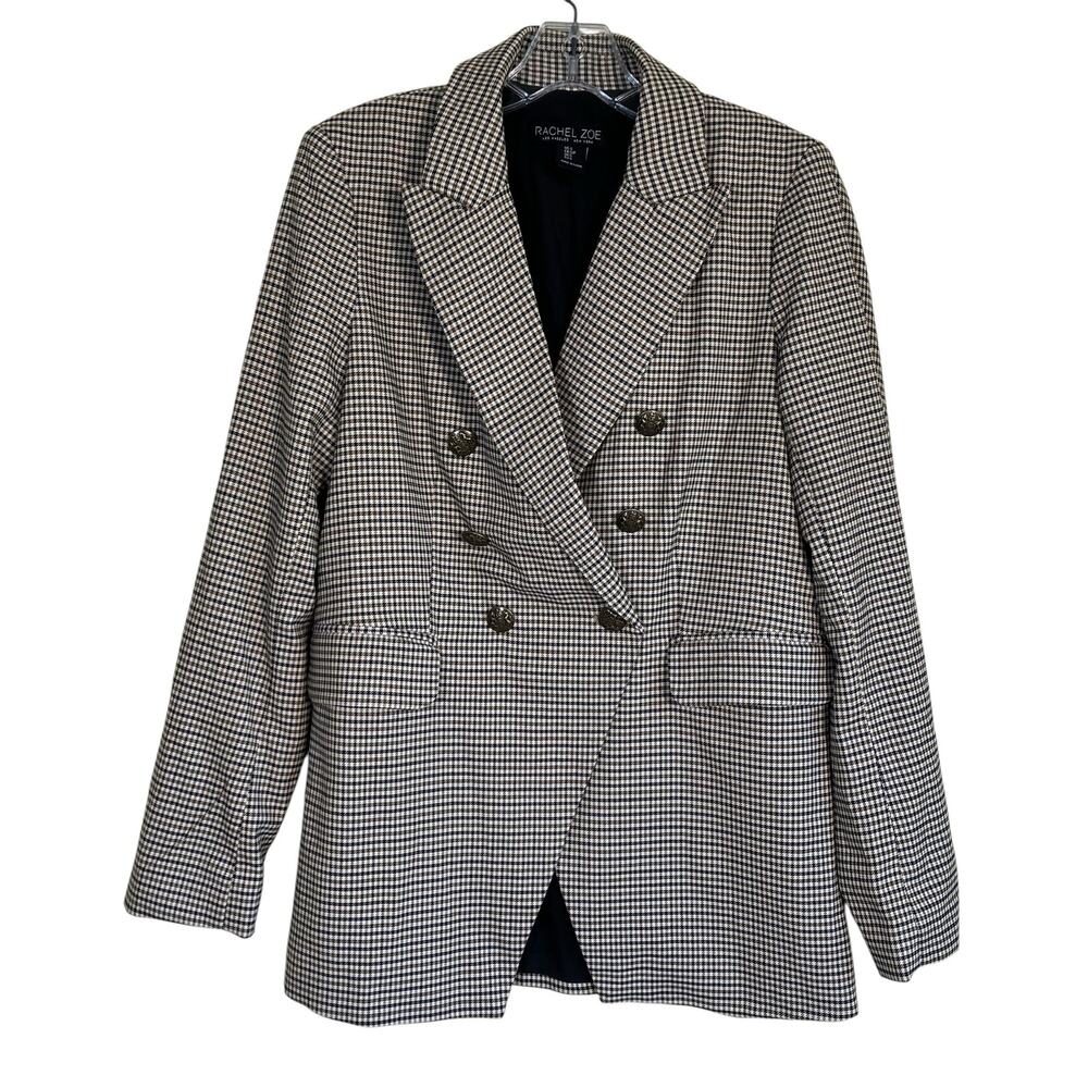 Rachel Zoe Double Breasted Houndstooth Blazer Tailored Crested Buttons Preppy